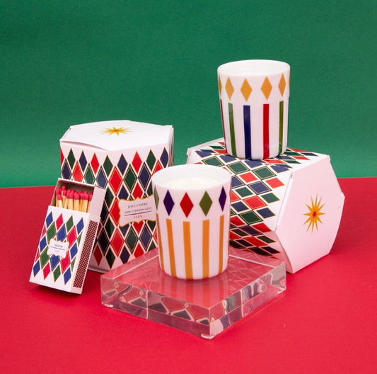 Artistic Christmas candles 2021 in geometric patterned holders with matching festive packaging and matchbox