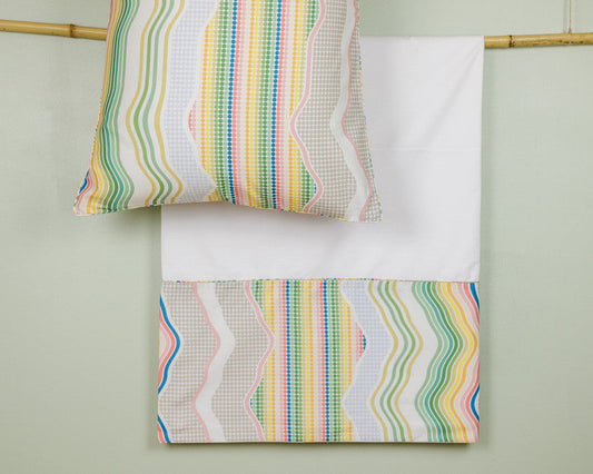 Textile featuring colorful wavy tropical print design inspiration with stripes and curves on pillow and fabric