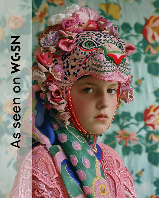 Model wearing AI fashion design trends 2024 floral and feline headpiece by Hanna Inaiáh with detailed embroidery