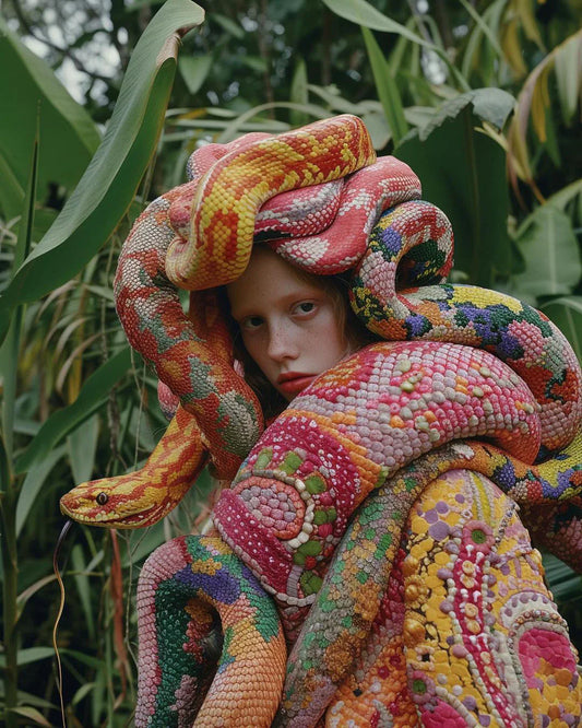 Contemporary female artists to watch featuring creative fashion with colorful snake-inspired designs and natural backdrop