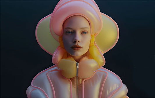 AI-driven digital art fashion portrait featuring a model in futuristic pastel pink and yellow outfit