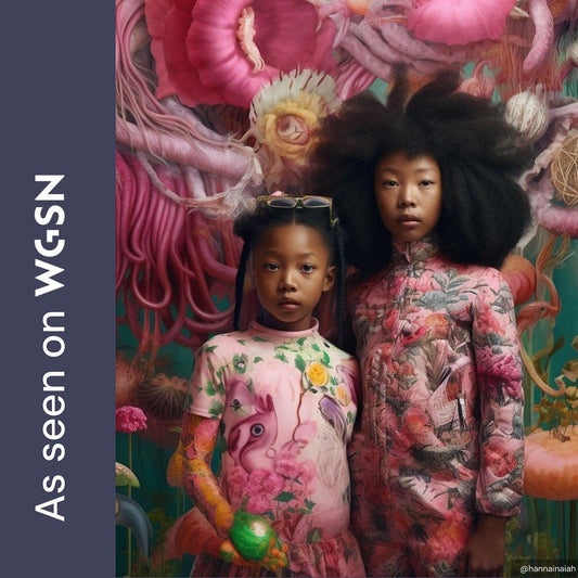 Two girls wearing Hanna Inaiáh's AI art in fashion design featured on WGSN cover with colorful floral background