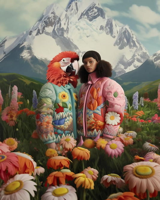 AI-inspired winter fashion art featuring surreal floral jackets in a dreamy mountain landscape