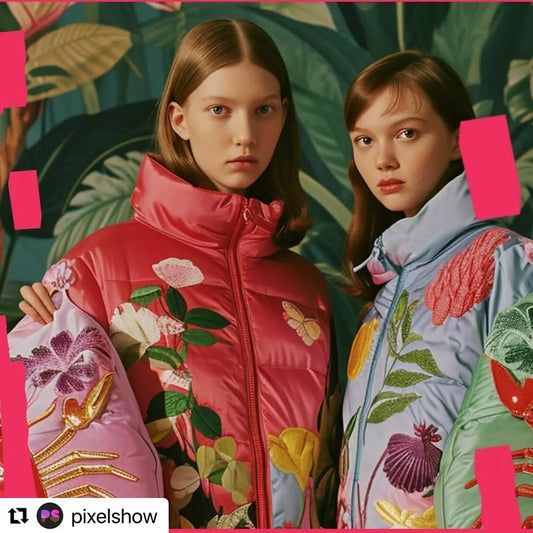 Two models wearing colorful floral jackets representing fashion and AI generated art prints fusion