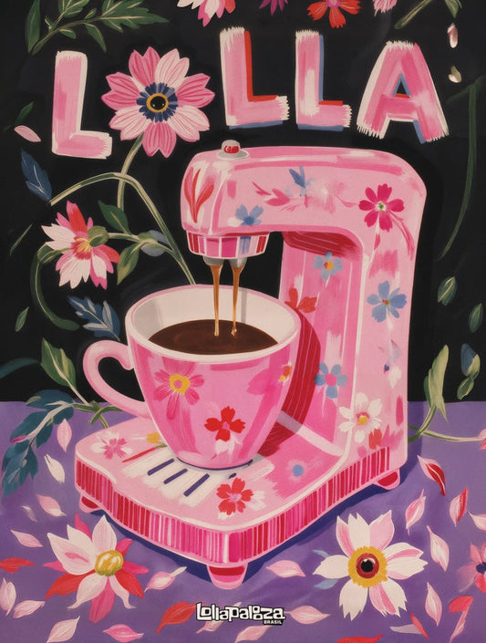 Hanna Inaiáh artwork for Lollapalooza Brasil 2026 inspired by Sabrina Carpenter’s Espresso, featuring a pink floral espresso machine and coffee cup.