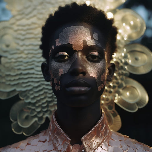 Artistic portrait of a model showcasing AI fashion art trends with metallic face paint and futuristic attire