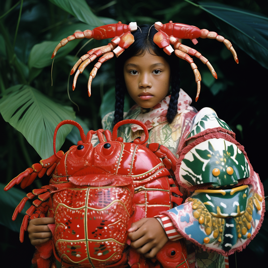 Young girl wearing a red crab-inspired headpiece and holding red and green crab-themed accessories in a lush green setting