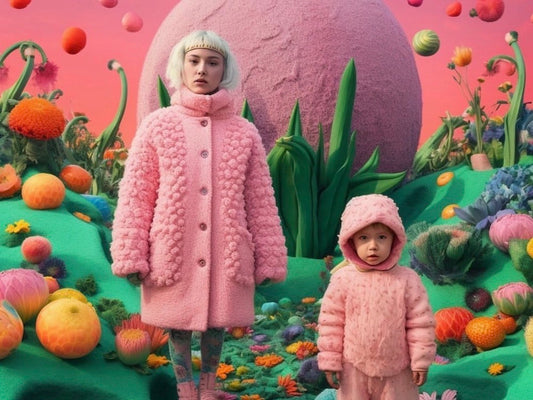 Two models wearing pink textured coats in a surreal colorful garden blending handmade fashion and artistic innovation