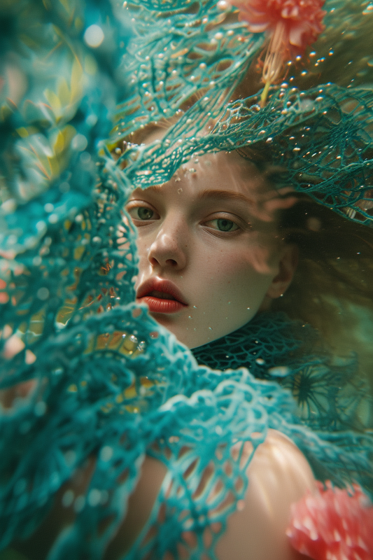 Close-up of a model underwater wearing intricate blue fabric inspired by summer 2025 fashion trends