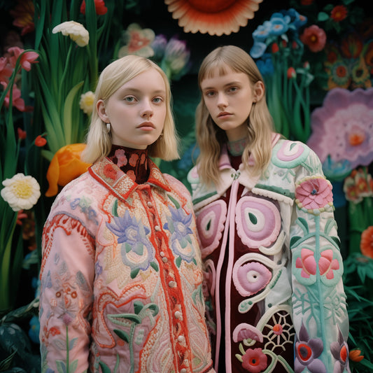 Two models wearing Impossible Garden AI-driven fashion collection with colorful surreal floral embroidery